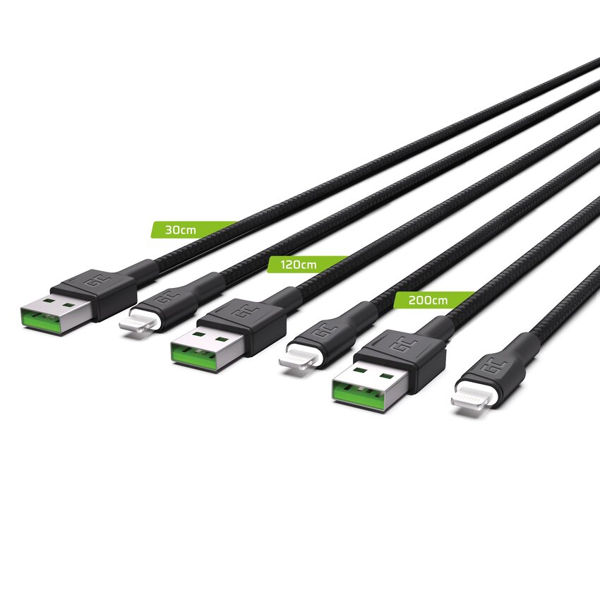 Set 3x Green Cell kabel GC Ray USB - Lightning 30cm, 120cm, 200cm za iPhone, iPad, iPod, white LED, quick charging (KABGCSET04)
