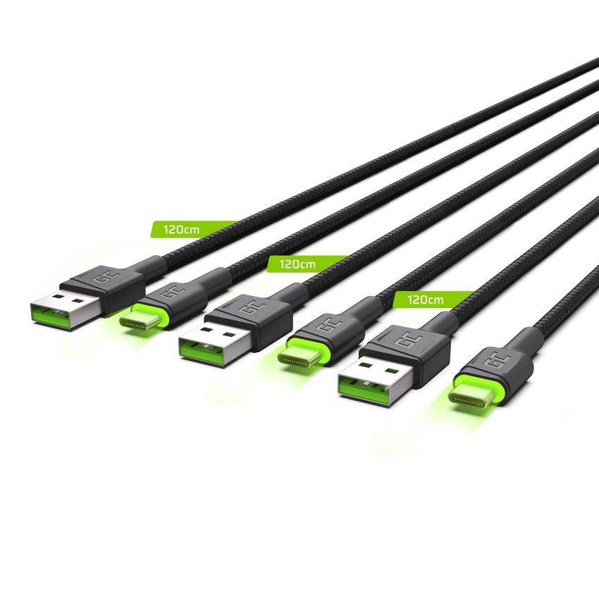 Set 3x Green Cell GC Ray USB-C 120cm kabel with green LED backlight, fast charging Ultra Charge, QC 3.0 (KABGCSET02)