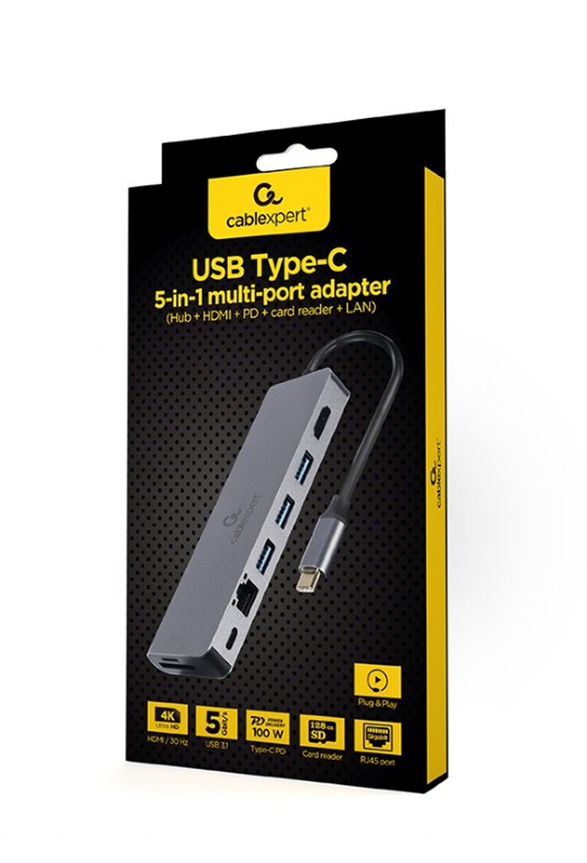 Priklopna postaja Gembird CM-COMBO5-05 USB-C - USB 3.0 + HDMI + PD + LAN + Card