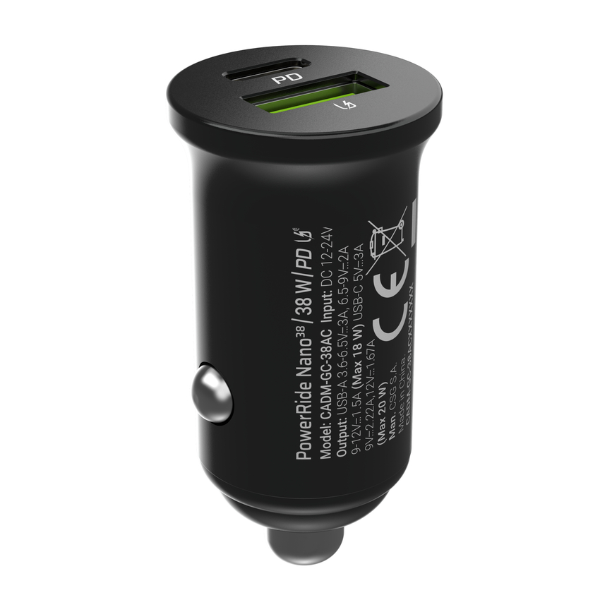 Green Cell avtomobilski polnilec 38W GC PowerRide Nano38 mit USB-C USB-A napajalni kabel und Ultra Charge hitro polnjenje (CADM-GC-38AC)