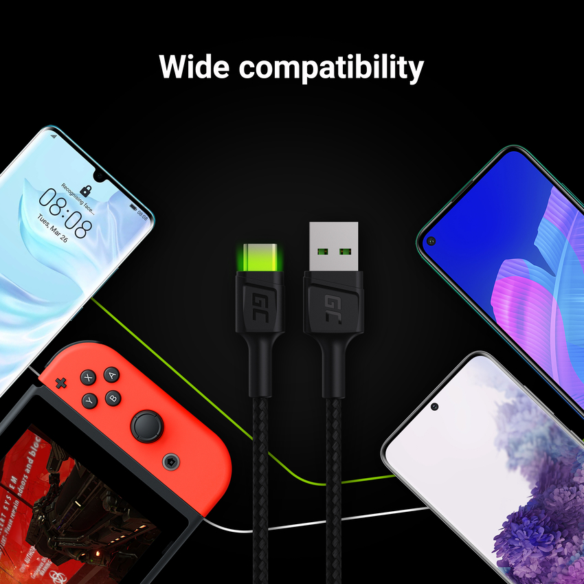Green Cell kabel Ray USB-A - USB-C Green LED 200cm with support za Ultra Charge QC3.0 fast charging (KABGC13)