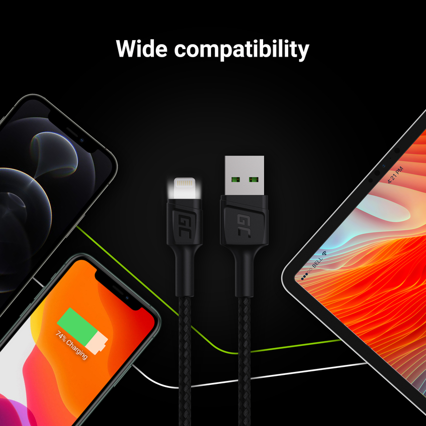 Green Cell kabel Ray USB-A - Lightning bel LED 200cm with support za Apple 2.4A fast charging (KABGC12)