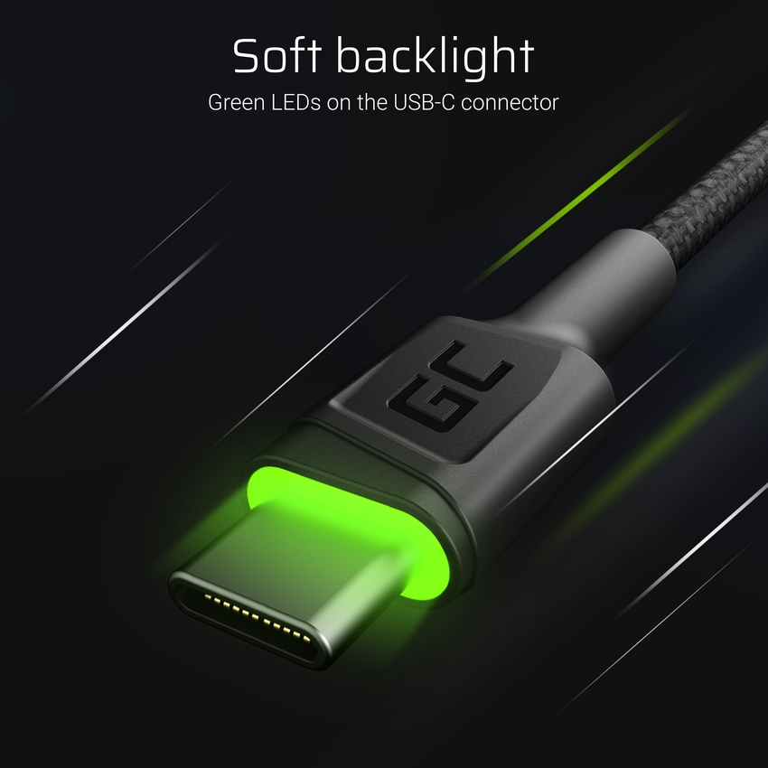 Set 3x Green Cell kabel GC Ray USB-C kabel 30cm, 120cm, 200cm with green LED backlight, fast charging UC, QC 3.0 (KABGCSET01)