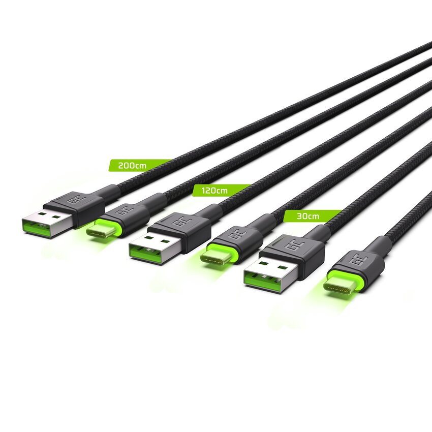 Set 3x Green Cell kabel GC Ray USB-C kabel 30cm, 120cm, 200cm with green LED backlight, fast charging UC, QC 3.0 (KABGCSET01)
